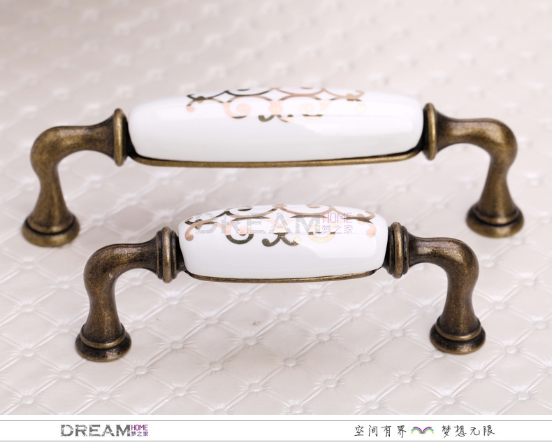 MAJ88AB 96mm grand long and bend bronze-colored archaic golden flower ceramic handle for cabinet door