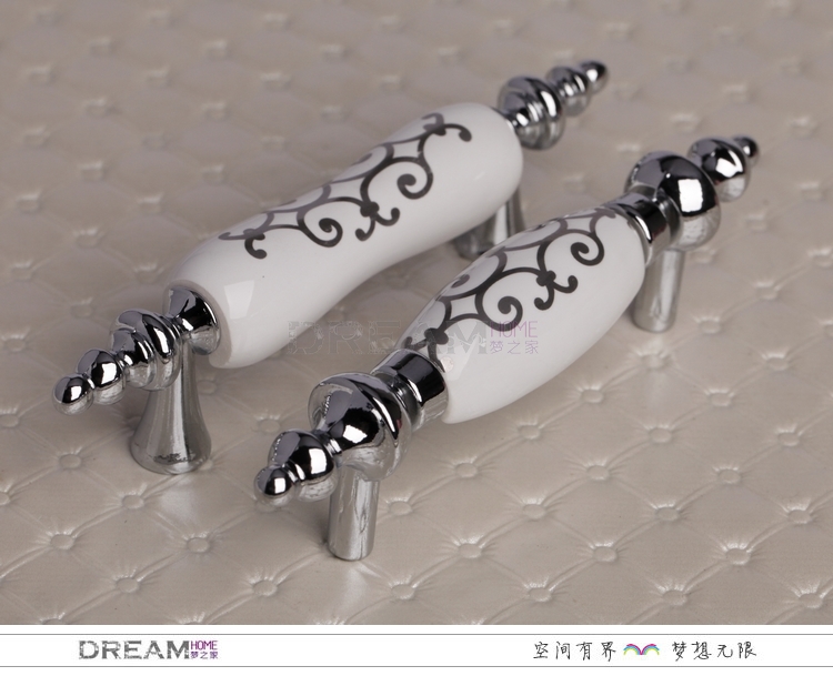MAK99PC 76mm hole distance long and fat ceramic handle with silvery flowers for cabinet