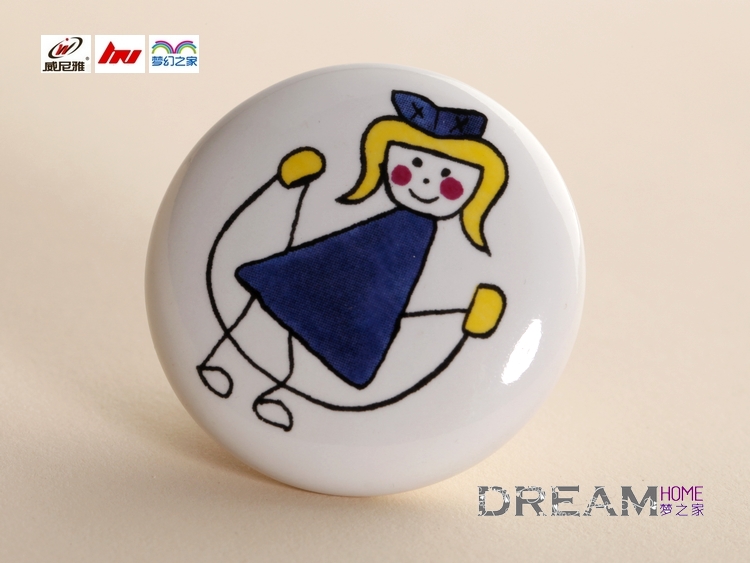 single hole cartoon ceramic knob with rope skipping girl pattern for drawer/wardrobe/shoe cabinet