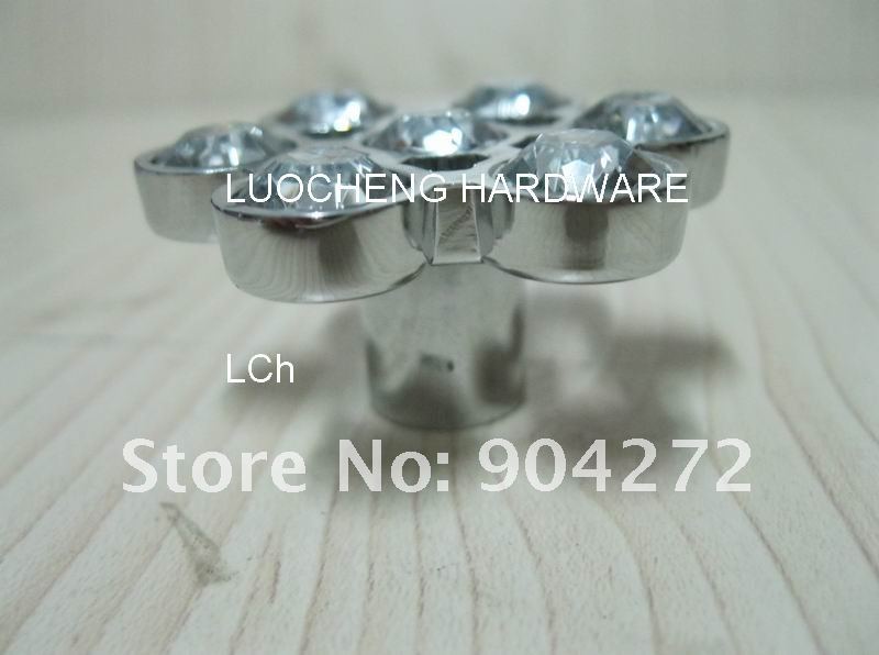 30PCS/ LOT FREE SHIPPING FLOWER CLEAR CRYSTAL KNOBS WITH ALUMINIUM ALLOY CHROME METAL PART