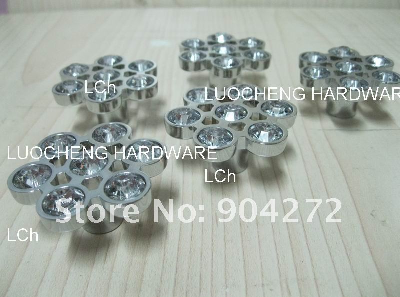 10PCS/ LOT FREE SHIPPING FLOWER CLEAR CRYSTAL KNOBS WITH ALUMINIUM ALLOY CHROME METAL PART