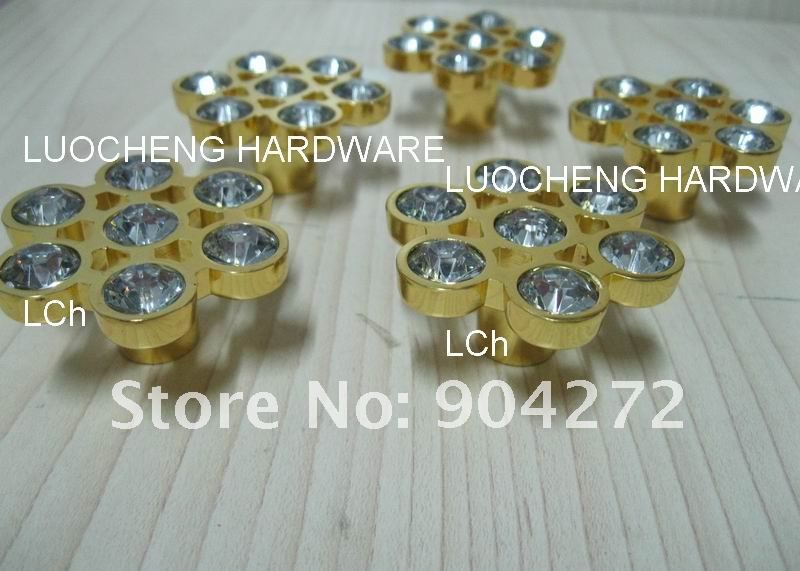 30PCS/ LOT FREE SHIPPING FLOWER CLEAR CRYSTAL KNOBS WITH ALUMINIUM ALLOY GOLD METAL PART