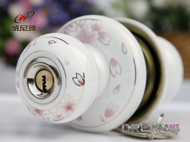 16SST white and silvery ceramic spherical locks with pink romantic oriental cherry pattern for bedroom door