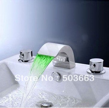 3 Pcs LED Faucet Spray Tap 2 Handle Waterfall Bathroom Basin Sink Bathtub Mixer Faucet Chrome Finish L-1603