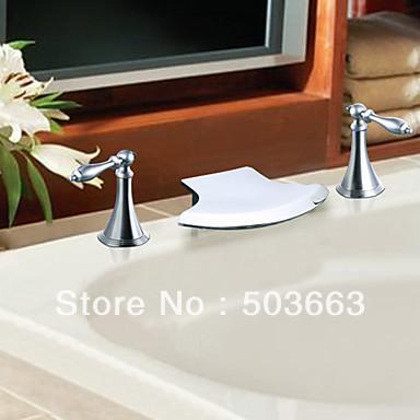 3 pcs Two Handle Chrome Finish Solid Brass Waterfall Bathroom Sink Faucet L-0187