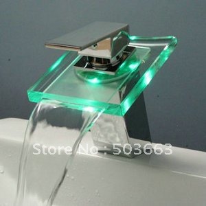 Big Waterfall LED Colorful Light Faucet Battery Polished Chrome Mixer Brass Tap CQ0812
