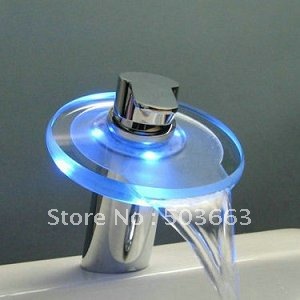 Big Waterfall LED RGB Color Faucet Battery Powered Polished Chrome Mixer Glass Brass Tap CM0817
