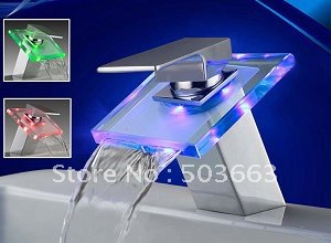 Big Waterfall LED RGB Color Faucet Water Powered Polished Chrome Mixer Tap CM0813