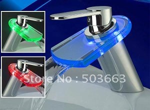 Big Waterfall LED RGB Colors Faucet Battery Powered Chrome Mixer Brass Tap CM0816