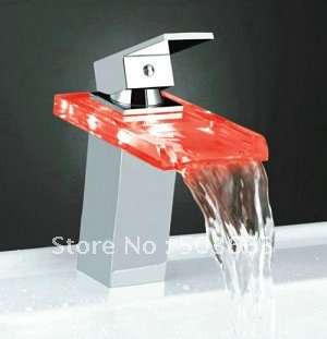 Contemporary Style LED 3 Colors Faucet Battery Powered Waterfall Chrome Mixer Glass and Brass Material Tap CM0836