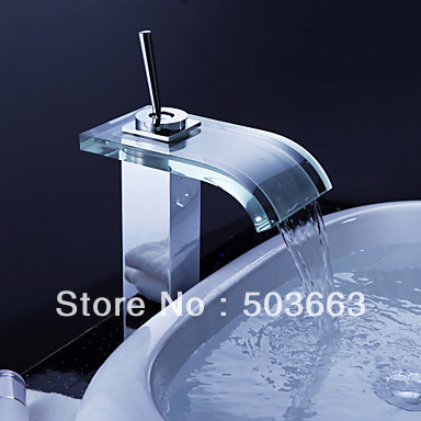 Deck Mount Waterfall Bathroom Basin Mixer Chrome&Glass Bath Basin Faucet Sink Faucet Vessel Mixer Brass Tap L-0145