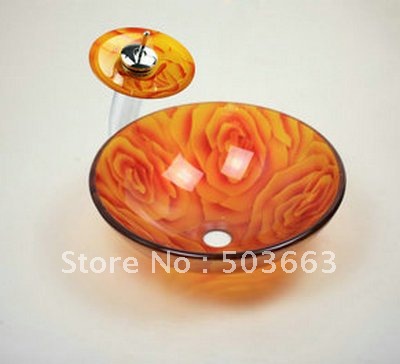 Fashion Hand Paint Vessel Bathroom Glass Basin With Water Faucet Set