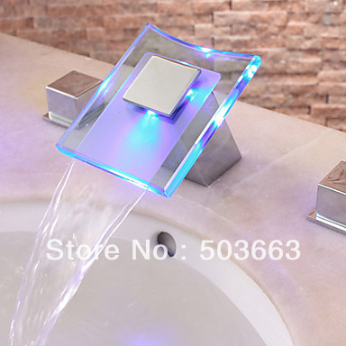 LED Two Handles Chrome Finish Hydroelectric Waterfall Sink Faucet Mixer Tap L-0189
