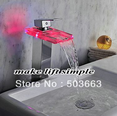 New Led Bathroom Faucet Chrome Finish Basin Sink Faucet Mixer Tap Waterfall Faucet X-010
