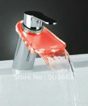 Newly Beautiful LED 3 Colors Faucet Waterfall Chrome Mixer Brass Deck Mounted Tap CM0832