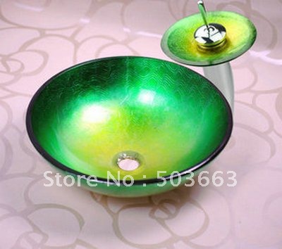 Newly Hand Paint Color Washbasin Tempered Glass Sink With Brass Faucet L-0002