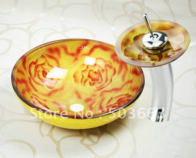 Newly Hand Paint Vessel Water basin Glass Sink & Water Faucet Set