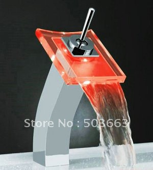 Square Glass Waterfall LED Bathroom Basin Sink Mixer Tap Faucet CM0230