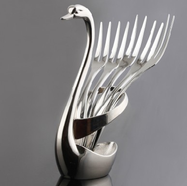 Unique Stainless Steel Cutlery Set 1 Swan+5pcs 4.7" Fruit Fork+5pcs 4.3" Coffee Spoon