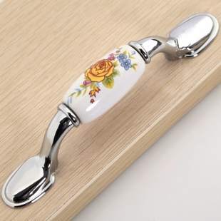 B42PC 76mm hole distance long and flat bright silvery antiqued ceramic handle with yellow rose for drawer/wardrobe/cabinet