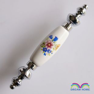 AK01PC 76mm hole distance long and fat brilliant silvery ceramic handle with red flower and blue flower for drawer/wardrobe/cupboard