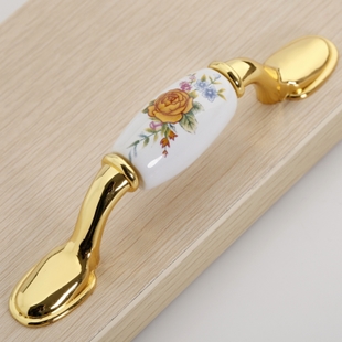 B42BGP 76mm hole distance long and flat brilliant golden antiqued ceramic handle with yellow rose pattern for drawer/wardrobe