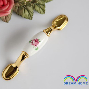 AB02BGP 76mm hole distance long and flat golden ceramic handles with pink rose for drawer/cupboard/cabinet