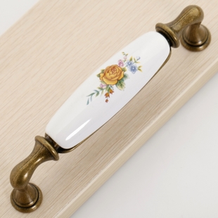 AG42AB 128mm hole distance long and bend bronze antiqued ceramic handle with yellow rose for drawer/wardrobe