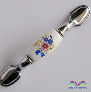 AB01PC 76mm hole distance long and flat brilliant silvery ceramic handle with red flower and blue flower for drawer/wardrobe/cupboard/cabinet