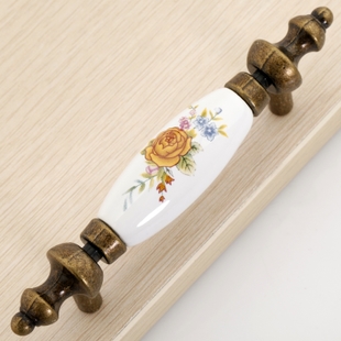 AK42AB 76mm hole distance long and fat bronze antiqued ceramic handle with yellow rose for drawer/wardrobe/cabinet