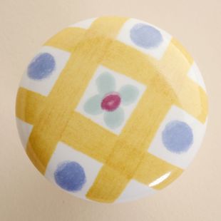 C51W53 38mm diameter large colorful round ceramic knob with yellow lattice for drawer/wardrobe/cupboard/shoe cabinet