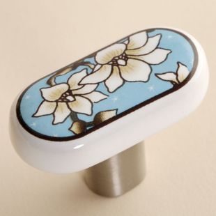 C530BSNW140 single hole blue ceramic knobs with hand-painted white magnolia flowers for drawer/wardrobe/shoe cabinet/television cabinet