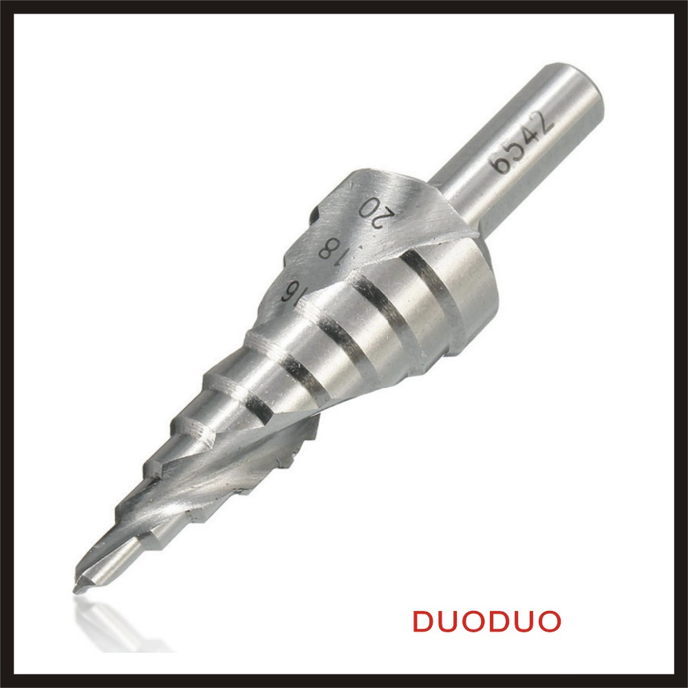 1pc hss hex shank spiral groove step cone 4-20mm drill bit hole cutter high speed steel woodworking drill power tools best price - Click Image to Close