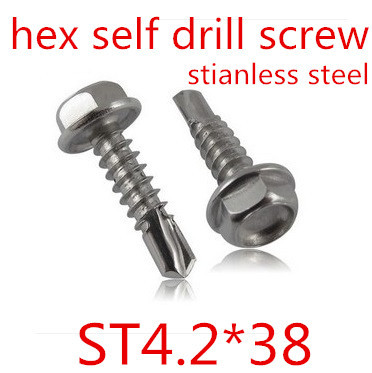 200pcs/lot st4.2*38 m4.2*38mm stainless hex (hexagon) flange head self drilling screw