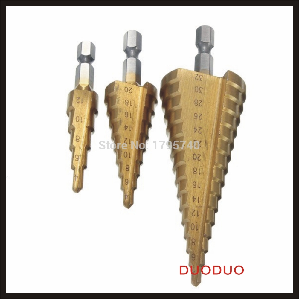 3pcs hss steel drill bits metric spiral flute step 4241 cone titanium coated tool set hole cutter 4-12/20/32mm new