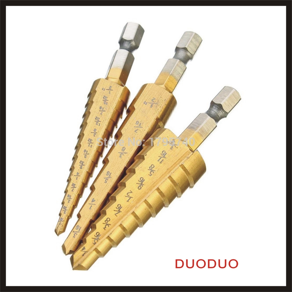 3pcs/set titanium coated step drill bits for metal set quick-change 1/4 inch hex shank woodworking power tools