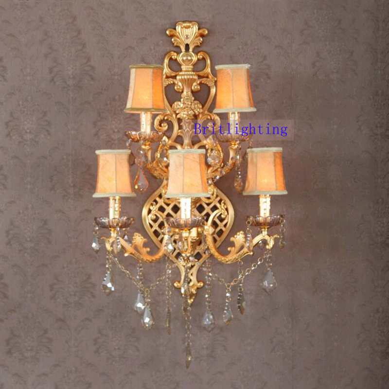 fabric lampshade big el wall lamps satin golden luxurious crystal candle wall lamp with 5 lights luxy large wall lamp crystal - Click Image to Close