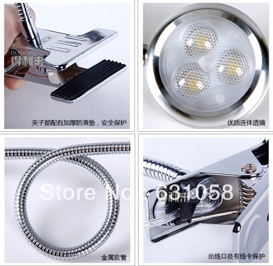 3w high power book lights aluminum ultra bright ac90-260v clip lamp,bed reading light,eye-protection,anti-dazzle