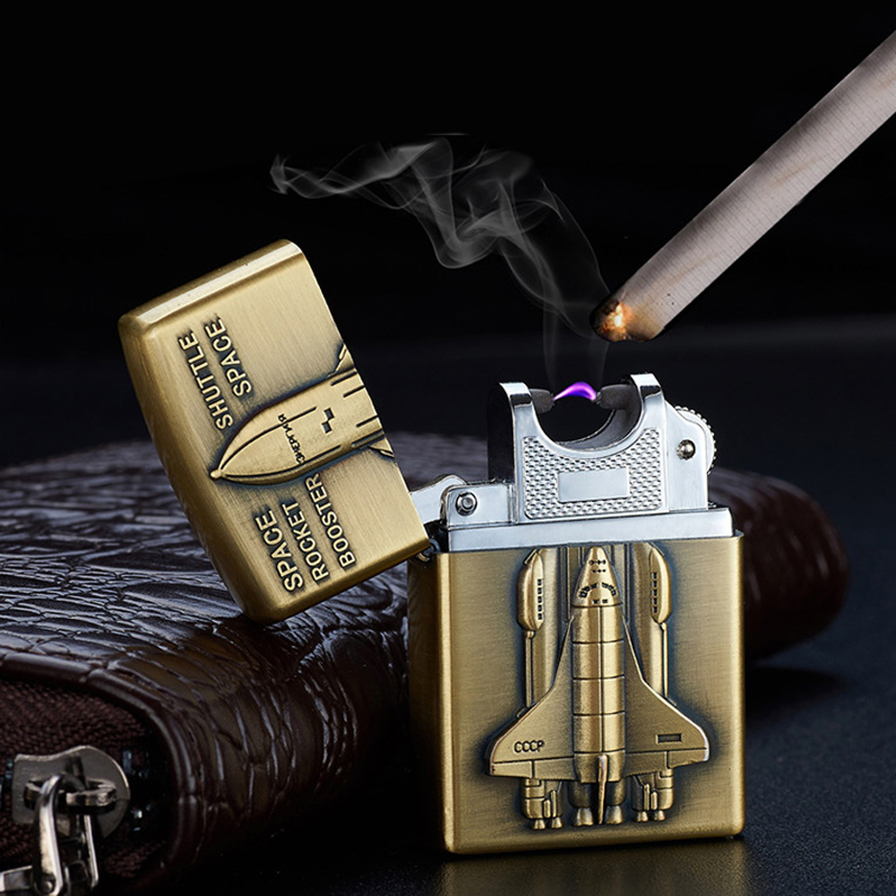 creative usb charging pulsed arc lighter windproof flameless metal bronze relief cigarette electronic lighters