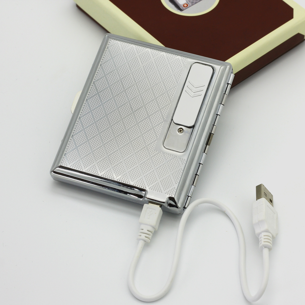 new stailess steel silver automatic cigarette case box with electronic rechargeable usb lighter hold 20pcs cigarettes