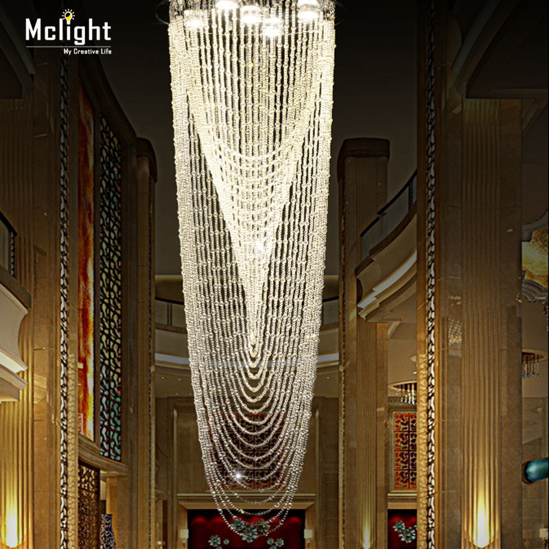 modern crystal curtain chandelier light fixture for lobby, staircase, stairs, foyer large crystal lighting different sizes