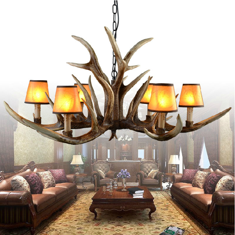 2016 new 6/8 heads american retro pendant lamp europe country fixture resin deer horn antler lampshade decoration, e14 110-220v
