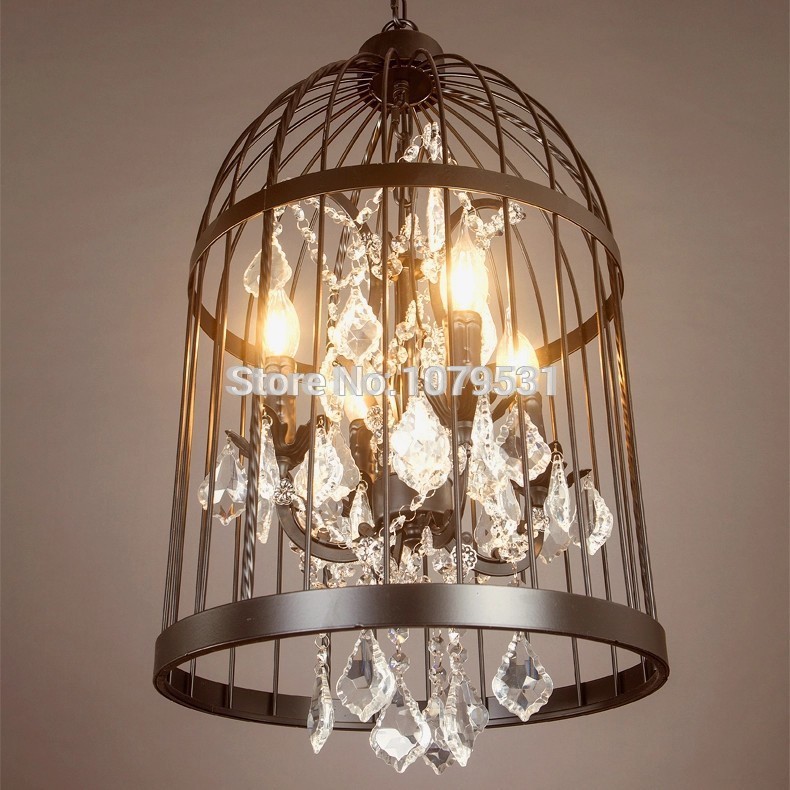 35/45cm nordic birdcage crystal pendant lights iron cage home decor american vintage industrial lamp retro lamparas colgantes