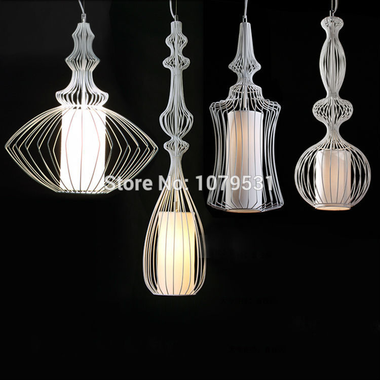 black & white wires wrought iron pendant lights linen silk shade birdcage pendant lamps bedroom foyer restaurant lamp 110-240v - Click Image to Close
