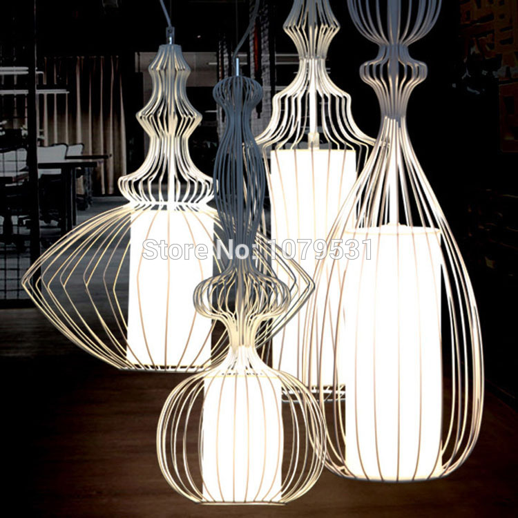 black & white wires wrought iron pendant lights linen silk shade birdcage pendant lamps bedroom foyer restaurant lamp 110-240v - Click Image to Close