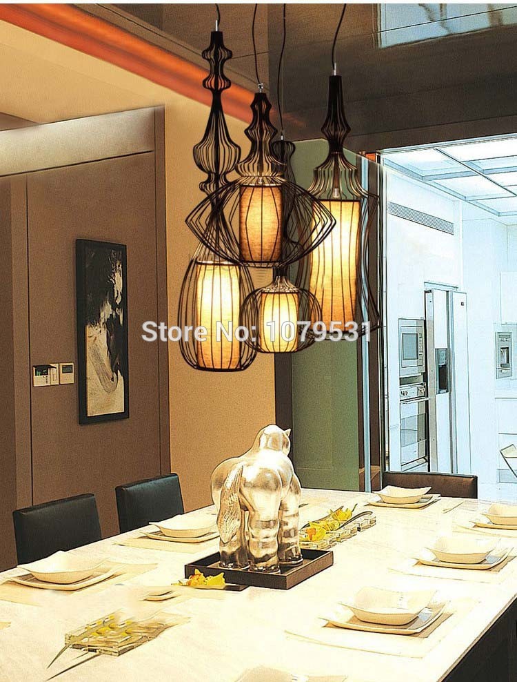 black & white wires wrought iron pendant lights linen silk shade birdcage pendant lamps bedroom foyer restaurant lamp 110-240v