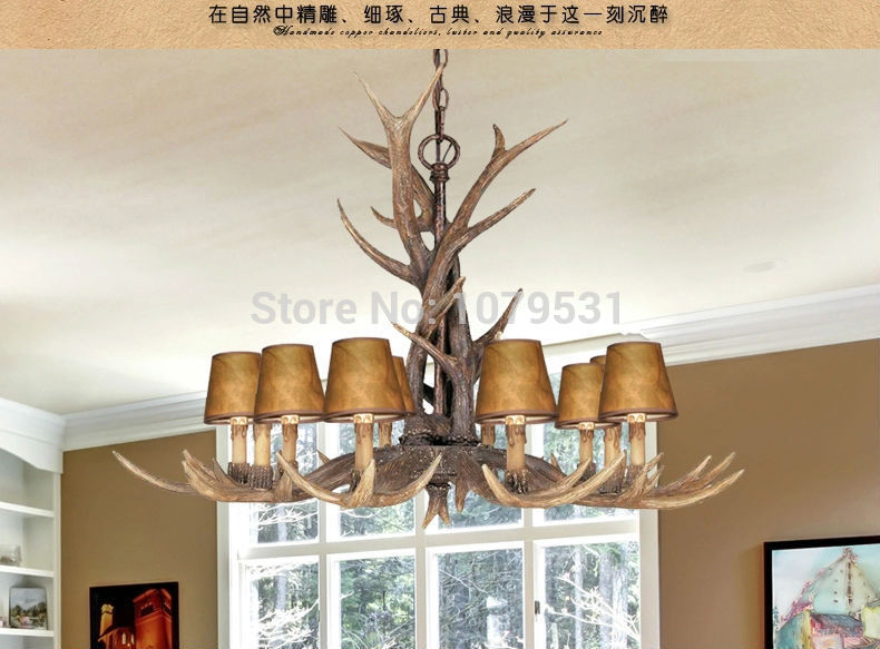 europe country 10 heads chandelier american retro lamp fixture resin deer horn antler lampshade decoration, e14 110-240v