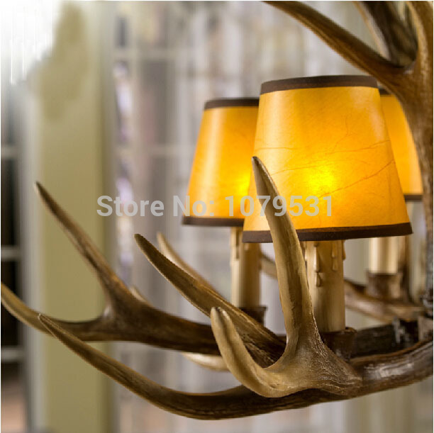 europe country 6/8/10 heads resin deer horn antler pendant light fabric lampshade pendant lamp for home decoration, e14 110-220v