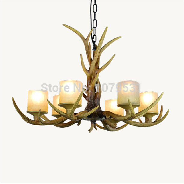 europe country 6 heads american retro chandelier light resin deer horn antler glass lampshade decoration, e27 110-220v
